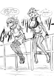 2girls angry biku black_and_white boat english_text female female_only iowa_(kantai_collection) kantai_collection multiple_girls outside pants_down peeing peeing_into_water peeing_together railing sitting skirt text thighhighs urine