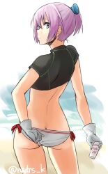 adjusting_clothes adjusting_swimsuit ass bikini cowboy_shot crop_top female gloves hair_ornament kantai_collection looking_back nazunakku panties petite ponytail purple_hair shiranui_(kantai_collection) short_hair short_ponytail side-tie_bikini solo standing swimsuit twitter_username underwear white_bikini white_gloves