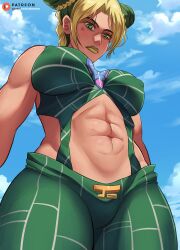 1girls abs background breasts clouds female female_only fully_clothed green_clothes green_clothing green_eyes green_hair green_lips green_lipstick jojo's_bizarre_adventure jolyne_kujo keisuke_aero looking_down low-angle_view muscular muscular_female nipples nipples_visible_through_clothing oppai serious serious_look sky solo stone_ocean thick_thighs thighs tied_hair toned toned_female tummy viewed_from_below yellow_hair