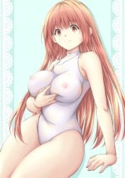 1girls auburn_eyes auburn_hair blush dead_or_alive huge_breasts kasumi_(doa) leotard long_hair nintarou nipples_visible_through_clothing one-piece_swimsuit see-through_clothing voluptuous