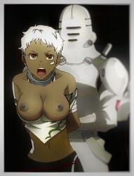 areola areolae bondage breasts breasts brown_body brown_breasts brown_eyes brown_nipples brown_skin dark-skinned_female dark_skin deadman_wonderland karako_koshio nipples restrained shirt_down shirt_pull topless topless_female wasted.x.talent white_hair