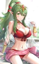 1girls alternate_costume arm_support bangs bare_shoulders bikini blush bracelet breasts cleavage closed_mouth collarbone commentary female female_only fire_emblem fire_emblem_awakening fire_emblem_heroes gonzarez green_eyes green_hair groin highres jewelry large_breasts lips long_hair looking_at_viewer navel nintendo official_alternate_costume partially_submerged petals pointy_ears ponytail red_bikini red_swimsuit revision sarong shiny shiny_hair shiny_skin simple_background sitting smile solo stomach swimsuit tiara tied_hair tiki_(adult)_(fire_emblem) tiki_(adult)_(summer)_(fire_emblem) tiki_(fire_emblem) wariza water water_drop wet