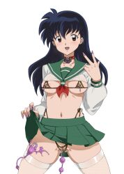 1girls black_hair breasts covered_nipples crop_top dildo female female_focus gozaru highleg highleg_panties highres inuyasha kagome_higurashi looking_at_viewer nipple_piercing nipples panties pussy revealing_clothes school_uniform sex_toy simple_background skirt skirt_lift slutty_outfit solo swimsuit thighhighs v white_background