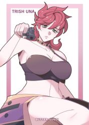 1girls angry angry_face artist_name breasts butter_sugoi cleavage female female_focus female_only fit fit_female green_eyes guido_mista gun human human_only jojo's_bizarre_adventure large_breasts looking_at_viewer pink_hair pinup pointing_gun short_hair skirt solo solo_focus thick_thighs trish_una vento_aureo white_background wide_hips