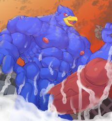 2022 absurd_res anthro avian big_penis bird blue_body bodily_fluids bulge city cum destruction erection falco_lombardi genital_fluids genitals hi_res huge_cock hyper hyper_genitalia hyper_penis macro male male_only muscular muscular_anthro muscular_male nintendo open_mouth penis rampage star_fox vein veiny_penis video_games zheng_(artist)