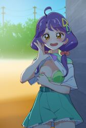 ahoge aozora_middle_school_uniform areolae blue_hair blush bra bra_pull breasts cleavage clothes_lift clothing cowboy_shot female green_bra green_skirt hair_ornament hair_ribbon hairpin highres looking_at_viewer low_twintails nipple_slip nipples one_breast_out peniban petite pigtails precure pretty_cure public_indecency red_ribbon ribbon round_breasts school_uniform scrunchie self_exposure serafuku shirt shirt_lift showing_breasts skirt small_breasts smile sneaky solo suzumura_sango teenage_girl teenager tropical-rouge!_precure twintails underwear utility_pole white_shirt x_hair_ornament yellow_eyes