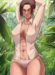 1girls abs armpit_fetish armpits attack_on_titan background breasts brown_hair closed_eyes clothed clothes female female_focus female_only forest forest_background front_view keisuke_aero muscular muscular_female panties pantsu pink_panties sasha_braus shingeki_no_kyojin solo stretch stretching thick_thighs thighs tied_hair tummy white_clothing