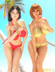 2girls 3d artist_name artist_website beach bikini black_hair bob_cut earrings faibolx female female_only food freckled_skin freckles freckles_on_breasts freckles_on_butt freckles_on_chest freckles_on_face freckles_on_shoulders gold_bikini holding_food holding_object hoop_earrings huge_breasts ice_cream krisztina_(faibolx) long_hair looking_at_viewer multiple_girls natalya_(faibolx) necklace orange_hair original original_character original_characters outdoor outdoors outside photo_background pinup red_bikini red_hair short_hair slushe_(website) wide_hips