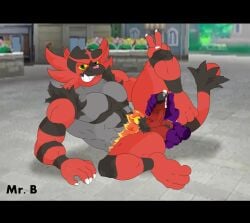 ambiguous_species anthro ball_fondling ball_hair balls bodily_fluids body_hair cum cum_drip disembodied_hand dripping faceless_character fire fondling fur furry gay genital_fluids genitals handjob hi_res incineroar male male_only mr._brapion nintendo out_of_frame penile pokémon_(species) pokemon pubes sex solo solo_focus video_games yaoi