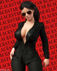 1girls 3d aviator_sunglasses black_hair business_suit cleavage clothed clothing english_text faibolx female female_only krisztina_(faibolx) original original_character pinup slushe_(website) solo solo_female standing suit sunglasses tinted_eyewear wide_hips