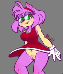 amy_rose anthro blush bottomless breasts brg1r cleavage clothed clothing digital_media_(artwork) eulipotyphlan female fur genitals gloves green_eyes hair handwear hedgehog mammal pink_body pubes pussy sega solo sonic_(series) sonic_the_hedgehog_(series)