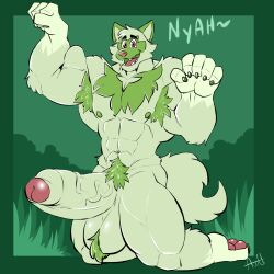 1:1 1boy 1pokemon 2022 5_fingers abs absurd_res anthro arcwuff areola ball_tuft balls biceps big_balls big_muscles big_penis biped claws digital_media_(artwork) domestic_cat erection fangs felid feline felis fingers foreskin fur genitals glans grass_type green_body green_fur green_nipples green_theme hi_res huge_cock humanoid_genitalia humanoid_penis hyper hyper_genitalia hyper_penis kneeling looking_at_viewer male male_focus male_only mammal muscular muscular_anthro muscular_male navel nintendo nipples nude open_mouth paws pecs penis pokémon_(species) pokemon pokemon_only pokemon_sv pubes quads simple_background smile solo sprigatito starter_pokemon thick_thighs tongue triceps tuft vein veiny_penis video_games