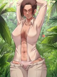 1girls abs armpit_fetish armpits attack_on_titan background breasts brown_hair closed_eyes clothed clothes female female_focus female_only forest forest_background front_view keisuke_aero muscular muscular_female panties pants pantsu pink_panties sasha_braus shingeki_no_kyojin solo stretch stretching tied_hair tummy white_clothing white_pants