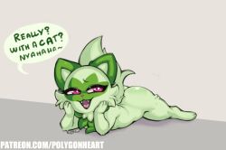 :3 ambiguous_gender anthro artist_signature ass big_ass big_butt cat_ears furry green_fur grey_fur nintendo pokemon pokemon_sv polygonheart smaller_anthro solo speech_bubble sprigatito tail text thepolygonheart thick_thighs thighs