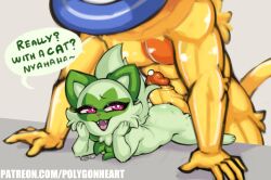 abs ambiguous_gender anthro artist_signature ass big_ass big_butt big_penis cat_ears furry green_fur grey_fur larger_male nintendo penis pokemon pokemon_sv poly_(polygonheart) polygonheart smaller_anthro speech_bubble sprigatito tail text thepolygonheart thick_thighs thighs