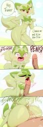 1boy 1girls excited feline furry green_fur green_skin heart-shaped_pupils licking_penis masterploxy nintendo pokémon_(species) pokemon pokemon_sv pokephilia reverse_cowgirl_position sprigatito tongue_out