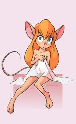 2022 anthro bed_sheet bedding blue_eyes breasts chip_'n_dale_rescue_rangers covering covering_self disney female front_view full-length_portrait gadget_hackwrench hair hi_res looking_at_viewer mammal mouse murid murine nude orange_hair portrait qrog rodent rogone2 solo