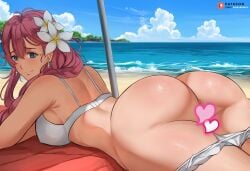 1girls ass ass_focus back backboob background beach big_ass big_butt bikini bikini_top blue_eyes breasts butt_focus censored clouds dark_pink_hair eiyuu_densetsu embarrassed emma_millstein female female_focus female_only flower_in_hair heart_censor keisuke_aero laying_down laying_on_stomach legend_of_heroes long_hair looking_at_viewer looking_back oppai panties_around_leg panties_around_legs panties_down panties_pull purple_hair sea sen_no_kiseki shy sky trails_of_cold_steel white_bikini white_panties