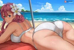 1girls ass ass_focus back backboob background beach big_ass big_butt bikini bikini_top blue_eyes breasts butt_focus clouds dark_pink_hair eiyuu_densetsu emma_millstein female female_focus female_only flower_in_hair keisuke_aero laying_down laying_on_stomach legend_of_heroes long_hair looking_at_viewer looking_back oppai purple_hair sea sen_no_kiseki sky trails_of_cold_steel white_bikini white_panties