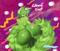 abstract_background anthro ass big_butt blund domestic_cat drugs felid feline felis female fluffy fluffy_ears fluffy_tail game_freak genitals huge_butt kemono kittehlazer looking_at_viewer mammal marijuana muscular nintendo open_mouth plant pokémon_(species) pokemon pokemon_sv pussy smoke solo sprigatito text tuft