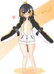 black_hair braless cameltoe jacket nijisanji nijisanji_en no_bra no_panties penguin penguin_girl penguin_tail petra_gurin virtual_youtuber