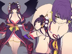 1girls ass bangs bare_shoulders black_background blue_eyes breasts character_sheet cleavage dead_or_alive dead_or_alive_5 detached_sleeves eyeliner female female_only hat highres japanese_clothes kimono large_breasts looking_at_viewer makeup mil_(xration) mole mole_under_mouth multiple_views nyotengu parted_lips purple_hair sash simple_background smile solo twintails wings