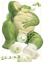 absurd_res animal_genitalia anthro belly cai1448331577 chubby cloaca egg egg_laying genitals green_body green_skin hi_res overweight reptile scalie solo tattoo