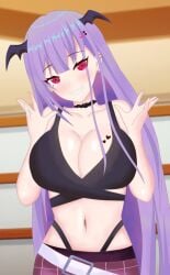 1girls armpits background bat bat_ears bat_wings big_breasts black_bra black_collar female female_only formie mythia_batford purple_hair red_eyes solo stomach succubus vampire virtual_youtuber