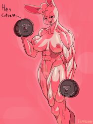 abs anthro bodily_fluids busty carra dumbell exercise female fit_female genitals hi_res lagomorph leporid mammal muscular muscular_female pussy rabbit smashmat solo steam sweat thick_thighs weightlifting weights white_body workout