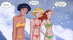 3girls alex_(totally_spies) animated bandeau_bikini bikini black_hair blonde_hair breasts cleavage clover_(totally_spies) cold dark-skinned_female dark_skin flash_animation frost_resistant frostproof gif green_bikini group human light_skin long_hair navel red_bikini red_hair sam_(totally_spies) short_hair snow snowstorm spy strapless_bikini swimsuit swimwear teen teenage_girl teenager teenagers totally_spies underboob wind winter yellow_bikini