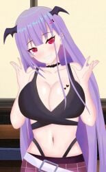 1girls armpits background bat bat_ears bat_wings big_breasts black_bra black_collar female female_only formie mythia_batford purple_hair red_eyes solo stomach succubus vampire virtual_youtuber