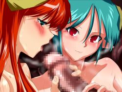 2demons 2girls blush carrera censored demon_girl female female_only handjob mercedes_(viper) multiple_girls mushizushi penis succubus tagme viper_(series) viper_gts