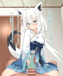 absurdres ahoge animal_ear_fluff animal_ears aqua_eyes bangs blush braid censored cloth_glansjob covered_penis erection female fox_ears fox_girl fox_tail hair_between_eyes handjob highres hololive hololive_gamers hololive_gen_1 hololive_japan long_hair panties panties_on_penis panties_removed penis penis_in_panties shirakami_fubuki side_braid silver_hair single_braid solo_focus tail tomyoo translation_request underwear virtual_youtuber white_hair