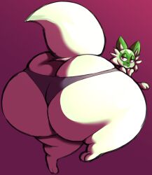 2022 ambiguous_gender anthro ass ass_cleavage atsuineko atsuinekowo big_butt biped bottomwear butt_crack clothed clothing digital_media_(artwork) domestic_cat felid feline felis fur game_freak green_body green_fur hi_res huge_butt hyper hyper_ass hyper_butt looking_at_viewer looking_back mammal nintendo pokémon_(species) pokemon pokemon_sv presenting presenting_hindquarters rear_view simple_background smile solo sprigatito thick_thighs underwear video_games wide_hips