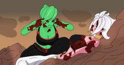 2girls android_21 blood breasts clothed death diyunk dragon_ball dragon_ball_fighterz dragon_ball_xenoverse dragon_ball_z green_skin invincible majin majin_android_21 meme multiple_girls oc original_character pink_skin reference think_mark_think!