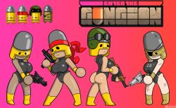 4girls ak-47 ass bandana boots bracers bullet bullet_kin colt dent devolver_digital dodge_roll_games enter_the_gungeon eyepatch frown goggles gun helmet holding_gun leotard mobile-kun multiple_girls revolver scar scratch shiny shortstack standing stitch tagme uzi yellow_boot