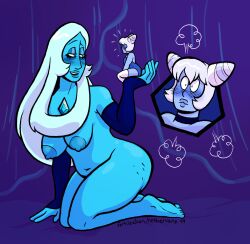 2019 2girls blue_diamond_(steven_universe) blue_skin blush cartoon_network choker detached_sleeves female female_only gem_(species) holly_blue_agate kneeling multiple_girls nethervane_(artist) nude size_difference steven_universe white_hair