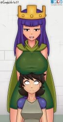 2girls archer_queen_(clash_of_clans) big_breasts black_hair breast_on_head clash_(series) clash_of_clans clash_royale clothed clothed_female clothing complex_vortex covered_nipples crown female female_only fully_clothed fully_clothed_female large_breasts looking_down looking_down_at_partner looking_up looking_up_at_partner mouth_open nipple_bulge princess_(clash_royale) purple_hair shiny shiny_hair shiny_skin supercell tagme thick_thighs