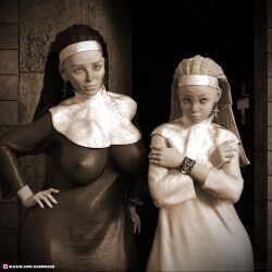 2girls 3d clothed clothing cross_earrings earrings female female_only height_difference huge_breasts karmasou large_breasts mature mature_female milf nun sepia slushe_(website) standing