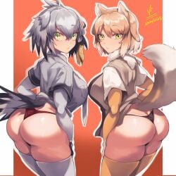 2girls :/ absurdres alternate_breast_size animal_ears ass ass_cleavage asymmetrical_hair bangs bird_girl bird_tail black_hair black_panties black_thong breasts brown_hair butt_crack closed_mouth collared_shirt dated eipelppa elbow_gloves expressionless eyebrows_visible_through_hair female fox_ears fox_girl fox_tail fur_scarf gloves green_eyes grey_hair grey_shirt hair_between_eyes highres iepelppa iparuputsua ipelppa kemono kemono_friends large_breasts layered_sleeves light_brown_hair long_bangs long_hair long_sleeves looking_at_viewer looking_back medium_hair multicolored_hair multiple_girls necktie no_pants orange_hair panties pocket red_panties red_thong scarf shiny shiny_skin shirt shoebill_(kemono_friends) short_over_long_sleeves short_sleeves side-by-side side_ponytail tail thighhighs thong tibetan_sand_fox_(kemono_friends) vest white_hair white_necktie