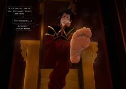 1girls avatar_the_last_airbender azula barefoot black_hair clothed clothing dialogue feet female female_domination femdom foot_fetish foot_focus foot_worship hair_bun kokobiel lips looking_at_viewer male_pov mole_on_feet musk pov sitting sitting_on_throne smell smelly_feet smile smug soles speech_bubble steam steamy steamy_feet stinky_feet sweaty_feet throne toes wrinkled_feet wrinkled_soles