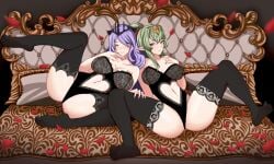 2girls areola bare_midriff bare_thighs bedroom bedroom_eyes breasts camilla_(fire_emblem) camilla_(light_of_nohr)_(fire_emblem) cleavage come_hither female female_only fire_emblem fire_emblem_awakening fire_emblem_fates green_eyes green_hair green_nails grin hair_over_one_eye heart horns large_breasts lingerie long_hair looking_at_viewer multiple_girls nail_polish nintendo nipples nirainini on_bed petals pointy_ears ponytail presenting purple_eyes purple_hair purple_nails seductive seductive_smile see-through smile spread_legs take_your_pick thick_thighs thighhighs thighs tiki_(adult)_(fire_emblem) tiki_(fire_emblem) wedding_band wedding_ring wife