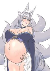 akeggle animal_ears azur_lane bare_shoulders big_breasts blush cleavage female female_only hands_on_belly holding_belly kitsune long_hair long_sleeves multiple_tails off_shoulder panties pregnant purple_eyes ready_to_pop shinano_(azur_lane) silver_hair solo stretch_marks tail white_panties wholesome wide_sleeves