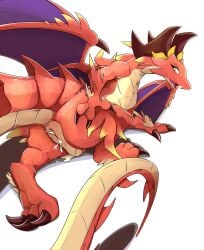 bodily_fluids brunhilda claws cygames dragalia_lost dragon female feral genital_fluids genitals hand_on_butt hi_res honeymono horn looking_back membrane_(anatomy) membranous_wings nintendo nude pussy red_body red_scales scales scalie solo video_games western_dragon wings