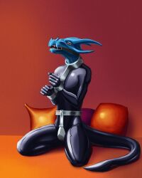 2019 anthro black_latex blue_body blue_scales bodysuit chastity_belt chastity_device clothing collar cuff_(restraint) dragon gag gagged glistening glistening_clothing hi_res horn inside kneeling looking_forward male male_only mitokep open_mouth orange_eyes phrixian_(frickingdragon) pillow restraints ring_gag rubber rubber_clothing rubber_suit scales shackles shrew's_fiddle skinsuit solo stocks teeth tight_clothing wrist_cuffs wyvern