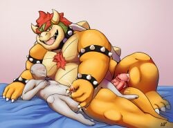 2020s 2022 2boys anon anthro armband bed bedding belly big_belly big_muscles blush bodily_fluids body_hair bowser bracelet chest_hair claws collar cum cum_drip cum_in_ass cum_inside cum_on_self cumshot danipika dripping duo ejaculation erection eyebrows facial_hair furniture gay genital_fluids genitals hair handjob hi_res horn human human_on_anthro humanoid_genitalia humanoid_penis interspecies jewelry koopa larger_anthro lying male male/male male_only mammal mario_(series) musclegut muscular muscular_anthro muscular_male navel nintendo nude on_back on_bed on_side open_mouth open_smile overweight overweight_anthro overweight_male penile penis penis_size_difference scalie sex shell signature size_difference smaller_human smile spiked_armband spiked_bracelet spiked_collar spiked_shell spikes spikes_(anatomy) stubble teeth tongue vein video_games