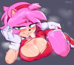 1girls 2d amy_rose anthro big_breasts blush breasts cleavage color dress female female_only furry gloves green_eyes grey_background hairband half-closed_eyes nezulet pink_body sega simple_background solo sonic_(series) thick_thighs thighs torn_clothes