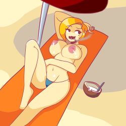 beach beach_towel bent_leg bikini bikini_bottom blonde_hair breasts cigarette coconut enter_the_gungeon female iggy-bomb large_breasts laying_down laying_on_back light-skinned_female light_skin nipples orange_towel public_topless red_umbrella sand shiny smile smiling smoking straw sunlight swimsuit the_convict_(enter_the_gungeon) topless towel umbrella