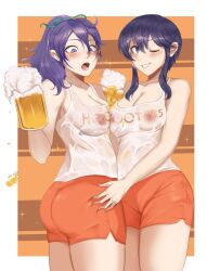 2girls :o ;) absurdres alcohol alternate_costume beer beer_mug black_hair blush breast_press breasts commission commissioner_upload covered_nipples cup deliciousbra female female_only fir_(fire_emblem) fire_emblem fire_emblem:_genealogy_of_the_holy_war fire_emblem:_the_binding_blade grabbing highres hooters larcei_(fire_emblem) long_hair mug multiple_girls nintendo nipples one_eye_closed open_mouth orange_shorts ponytail purple_eyes see-through shirt short_hair shorts simple_background smile wet wet_clothes wet_shirt white_shirt yuri