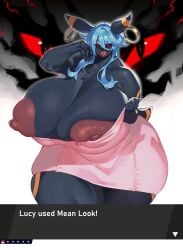 absurd_res anthro areola armpits big_breasts blue_hair breasts breasts_bigger_than_head clothing dress ear_piercing ear_ring eeveelution eigaka female hair hi_res hoop_earrings huge_breasts hyper hyper_breasts lucy_(aikega) nintendo nipples piercing pokémon_(species) pokemon small_head solo thick_thighs umbreon video_games